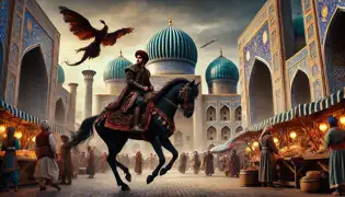 Rustam Khan monta su caballo negro por el bullicioso mercado de Samarcanda, con el Djinn flotando a su lado.