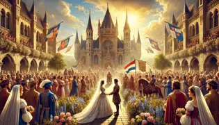 Una boda real en el patio de un castillo medieval, donde el príncipe y la doncella liberada intercambian votos en medio de la luz dorada del sol y la alegría.