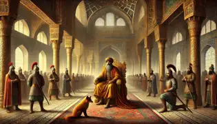 El Khan de Herat fulmina a Zarif, el zorro capturado, desde su majestuoso palacio decorado con intrincados diseños persas.