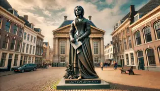 Una estatua de bronce de la dama Elise se erige en una moderna plaza de Leeuwarden, sosteniendo una carta mientras la gente pasa, reconociendo su legado.