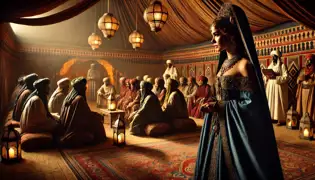 La princesa Zaila se encuentra en una tienda de palacio tuareg, vestida con túnicas de índigo, mientras escucha a los ancianos discutir asuntos de guerra y paz.