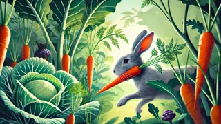 Pedro Conejo corriendo entre las filas de zanahorias en el jardín del señor McGregor.