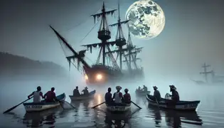 Los pescadores observan con asombro mientras La Dama Negra emerge de la niebla cerca de Cienfuegos, con sus velas desgastadas resplandeciendo de manera inquietante.