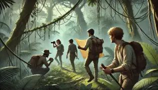 Un equipo de cuatro exploradores avanzando a través de la densa selva, liderado por Daniel, quien sostiene un viejo mapa, mientras Miguel abre camino cortando las enredaderas.