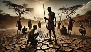 Ole Nkiria y Simel están de pie sobre la tierra agrietada mientras los ancianos Maasai discuten sobre la sequía bajo un sol abrasador.