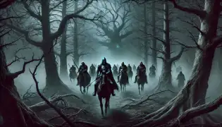El príncipe Radu y sus caballeros avanzan con cautela a través de un oscuro y brumoso bosque rumano, armados y alerta, mientras ojos invisibles los observan.