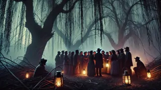 Villagers whispering by lantern light under gnarled willow trees at dusk