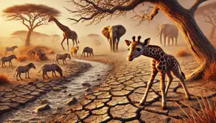 Una sabana africana seca y agrietada durante una sequía, con animales débiles luchando por sobrevivir y Ndemi mirando hacia los árboles.