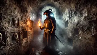 Un soldado español espectral, con armadura desgastada, aparece en una húmeda celda de prisión del siglo XVII, con la tristeza grabada en su mirada atormentada.