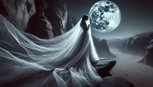 La figura fantasmagórica de Layla se erige cerca de los acantilados de Wadi Qelt, con su velo translúcido ondeando a la luz de la luna mientras contempla el cañón.