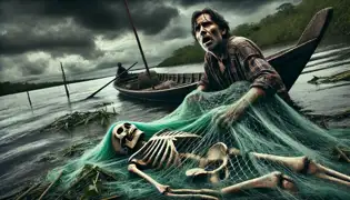 Diego descubre huesos humanos enredados en su red de pesca, envueltos en algas del río, mientras nubes de tormenta se acumulan sobre el río Paraná.