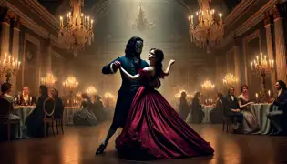 Isabella Moreno baila con el extraño enmascarado en un salón iluminado por la luz temblorosa de las velas, su expresión es una mezcla de elegancia y terror.