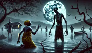 Juma, transformado y enigmático, se encuentra hasta las rodillas en el Lago Victoria a medianoche, con sus ojos resplandecientes fijos en Achieng’, quien extiende la mano en un acto de desesperación.