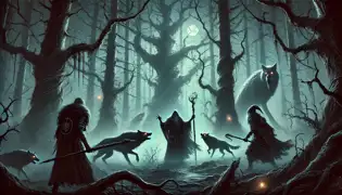 Los héroes avanzan con cautela a través de un bosque maldito, lleno de lobos con ojos resplandecientes y espíritus fantasmas que acechan en la niebla.