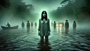 A woman in a trance stands knee-deep in the Orinoco River at dawn, as eerie green lights flicker above the water.