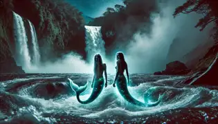 Lucía y Valeria atrapadas en las corrientes arrebatadoras de Pailón del Diablo, sus piernas transformándose en relucientes colas de sirena.
