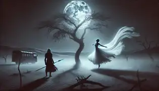 La Bailarina Nocturna gira en un claro iluminado por la luna, mientras Ekaru observa desde las sombras, con su lanza apretada con fuerza en señal de miedo.
