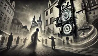 La Plaza del Viejo Mercado de Praga se distorsiona mientras el tiempo se quiebra; las personas desaparecen, el Orloj gira descontroladamente y Horacio observa con horror.