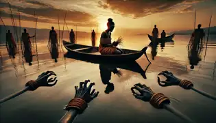 Achieng' está sentada en una pequeña barca de madera en el Lago Victoria al amanecer, camino hacia un sacrificio mientras manos espectrales emergen de las aguas tranquilas.