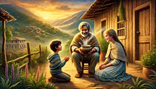 Isidro, Caleb y Emma comparten un momento de tranquilidad frente a la casa de Isidro, mientras los Andes brillan bajo un cálido atardecer dorado.