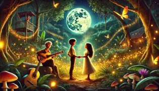 Cielito y Marisol se reencontraron bajo la luz de la luna, rodeados de un bosque resplandeciente, mientras Javier los observa con una sonrisa.