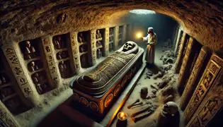 Una cámara funeraria con un gran sarcófago; los arqueólogos levantan la tapa, revelando al rey momificado de Ubari.