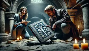 Viktor Dvořák saca un antiguo manuscrito de una cavidad oculta debajo de la iglesia de Santa Bárbara, mientras Lenka Havlíková observa con asombro.