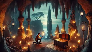 Una antigua gruta iluminada por la luz de las antorchas revela cofres de oro y joyas enterrados bajo un arco de piedra.