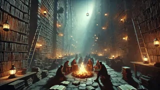 Pilgrims gather around a campfire in a mezzanine of the infinite library, writing in blank books.