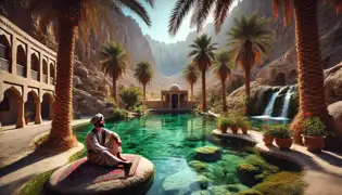 Un oasis escondido con palmeras datileras, aguas cristalinas y ruinas antiguas en medio de colinas escarpadas.