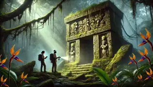 Un templo de piedra oculto en la selva, cubierto de musgo y enredaderas, con tallas de orquídeas y símbolos.