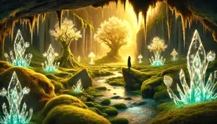 Valle oculto con ríos dorados, árboles cristalinos y criaturas luminosas mientras Freyja entra en este mundo mágico.