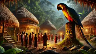 Una aldea oculta en la selva de Dominica, con cabañas iluminadas por faroles y un gigantesco loro Sisserou en un pilar de piedra tallado.