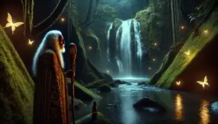 Una cascada oculta brilla bajo la luz de la luna mientras un antiguo guardián con un bastón de madera emerge de las sombras, observando a los exploradores.
