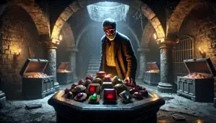 Dr. Victor Armand hesitates before a black marble pedestal holding glowing cursed jewels in a dimly lit underground vault.