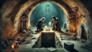 Erik e Ingrid descubren un pasaje oculto en la iglesia de San Clemente, donde hallan restos óseos y un misterioso libro antiguo.