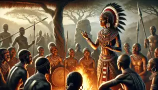 Nehanda s'adresse aux guerriers shona dans un bosquet sacré, la lumière du feu projetant des ombres alors qu'ils se préparent pour le Premier Chimurenga.