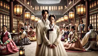 Seo Ha-eun luce un elegante hanbok blanco en su boda tradicional coreana, su mirada seria sugiere una tristeza oculta.