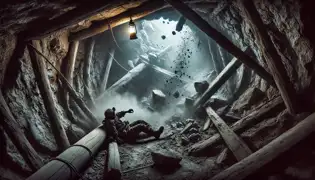 Un repentino derrumbe dentro de la mina, rocas y polvo cayendo, atrapando a Mateo en la oscuridad mientras los mineros corren en pánico.