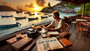 Un periodista se sienta en un café junto al mar en Castries, rodeado de documentos, mientras observa un periódico sobre el misterio de Coconut Grove.