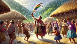 Los aldeanos se regocijan bajo la lluvia mientras Tupan levanta la Pluma del Arcoíris en alto; sus coloridos atuendos se empapan mientras bailan de alegría.