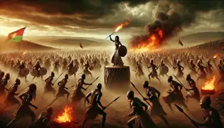 Zenzi lidera a los guerreros del reino contra las fuerzas de Njamba en un campo de batalla envuelto en humo, levantando su palo de tambor sobre el legendario Tambor del Fuego.