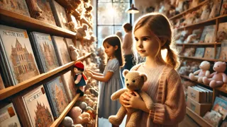Peluche de pana, el osito de peluche, y una pequeña niña llamada Lisa explorando el colorido departamento infantil lleno de cuentos y juguetes.
