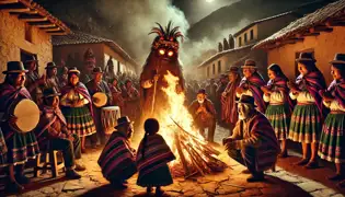 Una animada aldea aymara celebra el Festival de la Pachamama con música, danzas y una fogata sagrada.
