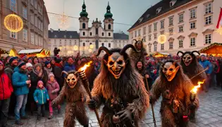 Festival vibrante de Krampuslauf en Linz, Austria, con figuras de Krampus disfrazadas desfilando entre una multitud iluminada por antorchas.