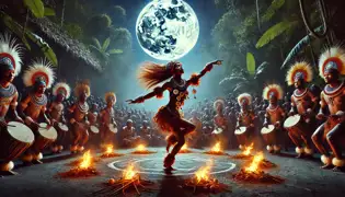 Kalinda baila con gracia bajo la luna llena, rodeada de aldeanos en trajes tradicionales y de percusionistas que marcan el ritmo junto a una fogata.