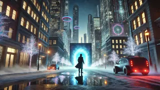 Sherlock Holmes entrando en una ciudad canadiense futurista cubierta de nieve al atardecer.