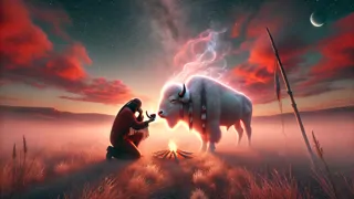 La Mujer Búfalo Blanca ofreciendo la pipa sagrada bajo un atardecer vívido.