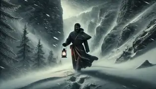 Elias Gruber camina a través de una tormenta de nieve en los Alpes austriacos, sosteniendo una linterna parpadeante mientras la nieve y el viento arremeten a su alrededor.
