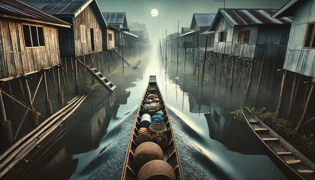 Dos exploradores remando una canoa de madera junto a las casas sobre pilotes de los Warao al amanecer.